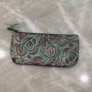 HCC Rose Embossed Leather Clutch - Brown and Green card holder.
